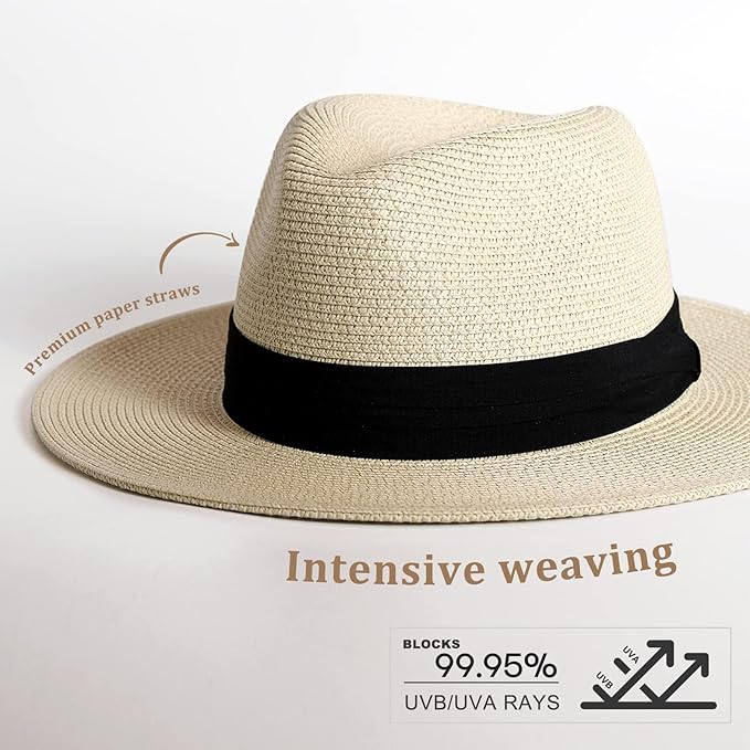 FURTALK Womens Mens Wide Brim Straw Panama Hat Fedora Summer Beach Sun Hats UPF Straw Hat for Women
