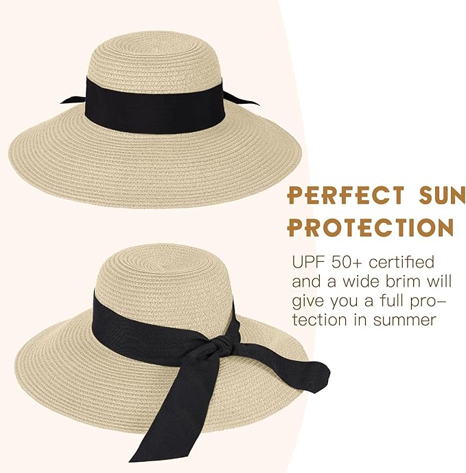Beach Hat for Women, Wide Brim Sun Straw Hats for Women, Sun Hat Womens UPF 50+ UV Protection, Floppy Foldable Summer Hats