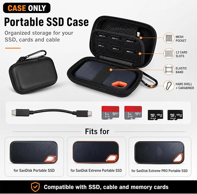 PAIYULE Hard Case for SanDisk Extreme Portable SSD, Protective Storage Organizer for SanDisk Extreme PRO SSD 500GB 1TB 2TB 4TB 8TB, 12 SD/TF Card Slots, Mesh Pocket, Carabiner, Case Only (Black)