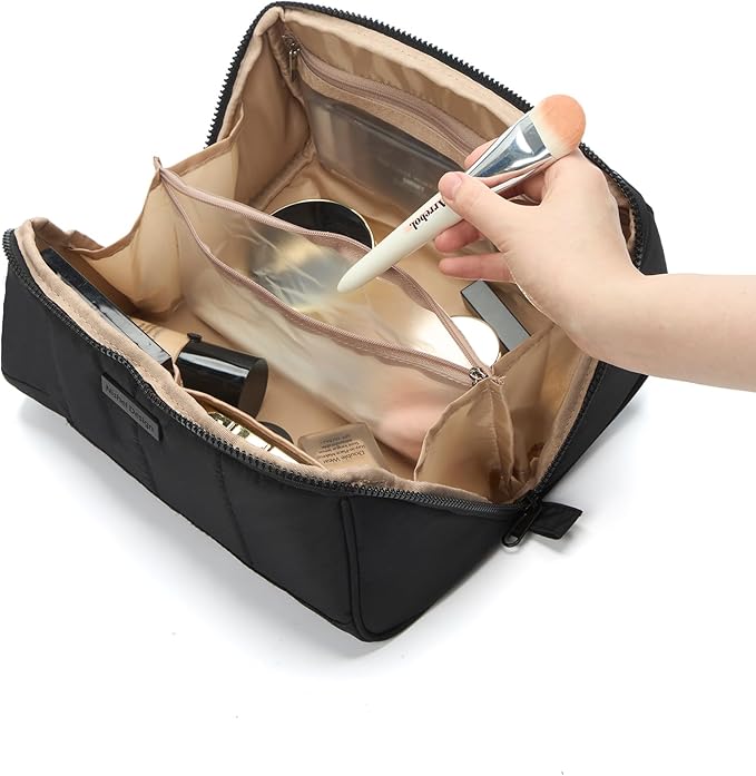 NISHEL Travel Makeup Bag for Women, Fluffy & Lightweight Open Flat Cosmetic Organizer with Multiple Functional Divider for Brush Independent Storage, Handle for Easy Portability, Large, Black