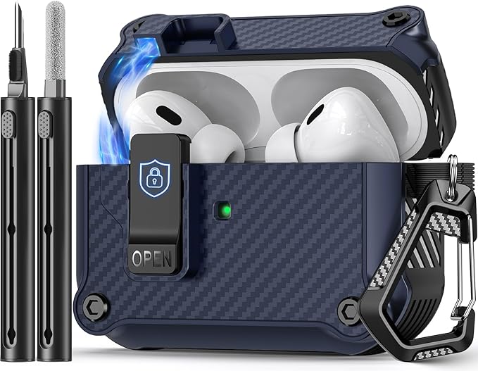 Pohgelan Compatible with AirPods Pro 2nd/1st Case,Magnetic Automatic Lock with Cleaning Kit,Compatible with Magsafe,Carbon Fiber Texture Cover -Blue