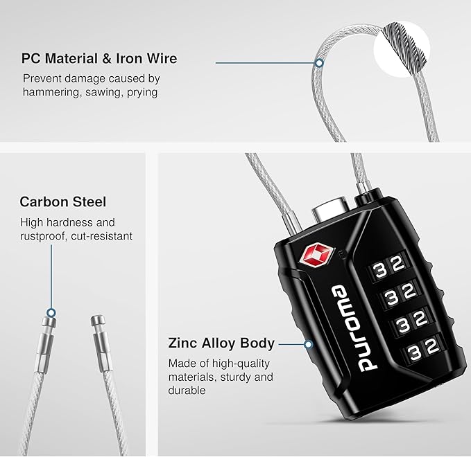 Puroma 4 Pack TSA Approved Luggage Locks, 4 Digit Combination Travel Cable Locks Resettable Code Lock with Zinc Alloy Body for Suitcase, Toolbox, Backpack, Bag, Gym Locker (Basic Black)