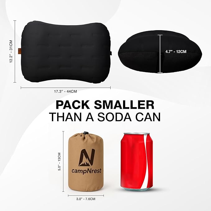 Inflatable Camping Pillow - Ultralight Compact Air Pillow for Travel, Backpacking & Hiking - Ergonomic Neck & Lumbar Support - Portable Inflatable Pillow with Removable Washable Cover - (Black 2 Pack)