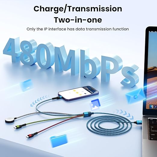 Travel Essentials,USB A/C 4 in 2 Multi Charging Cable for i Watch Charger/Type C Charger/IP Port,Travel Chargers for Multiple Devices, Portable Designed for iWatch &iPhone 17-8 (1, Blue, 5FT)
