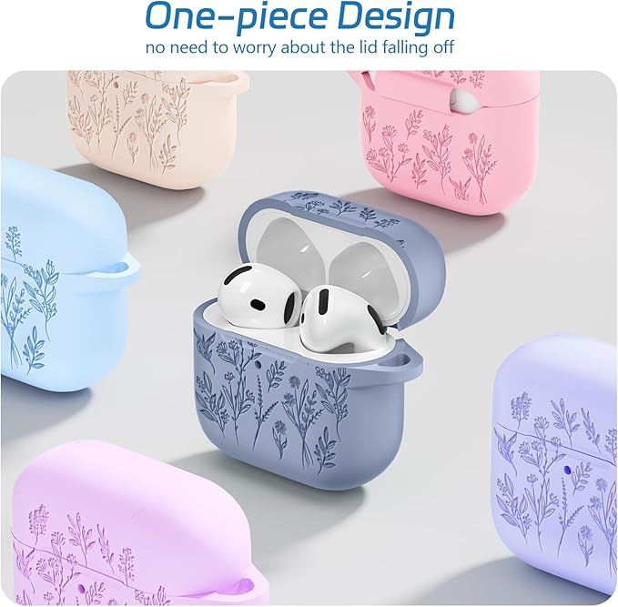 for Airpods 4 Case, Ekoonpft Flower Engraved Cases for Apple AirPods 4th Generation 2024, Soft Silicone Cover for Women Girly with 3-in-1 Cleaner Kit, Keychain, Military Grade Protection