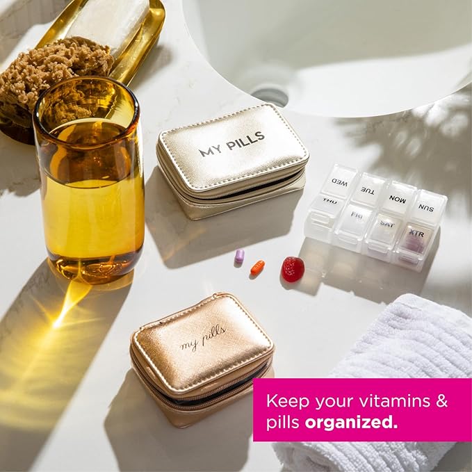 Miamica Women's Zippered Pill Case with 8-Day Removable Plastic Organizer, Beige, 3.5” x 2.75” x 1.25" – Weekly Medicine Box w/Compact Design