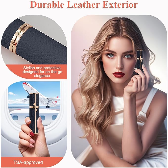 Refillable Travel Perfume Bottle – Fine Mist Atomizer, Bottom Fill, Genuine Leather Shell, TSA Approved, For Daily Refresh & Travel (Dark Blue, 10ml)