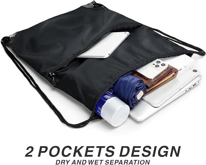 Drawstring Backpack Sports Water Resistant String Bag Sport Gym Sackpack for Women Men Large with Zipper, Black
