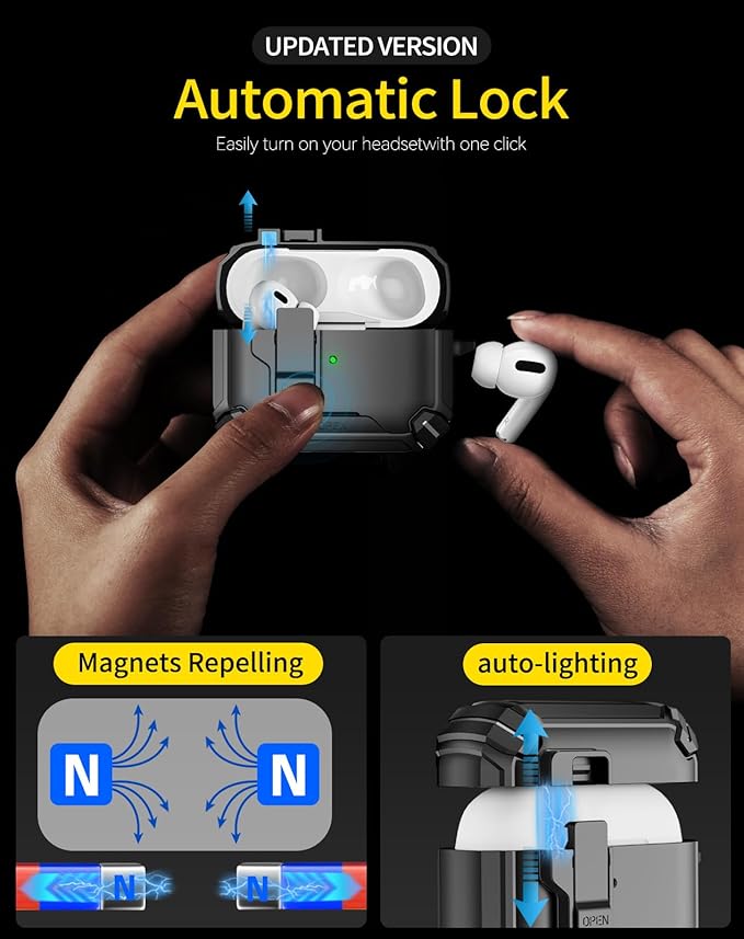 Pohgelan Compatible with AirPods Pro 2nd/1st Case,Magnetic Automatic Lock with Phone Stand & Cleaning Kit,Compatible with Magsafe Cover -Black