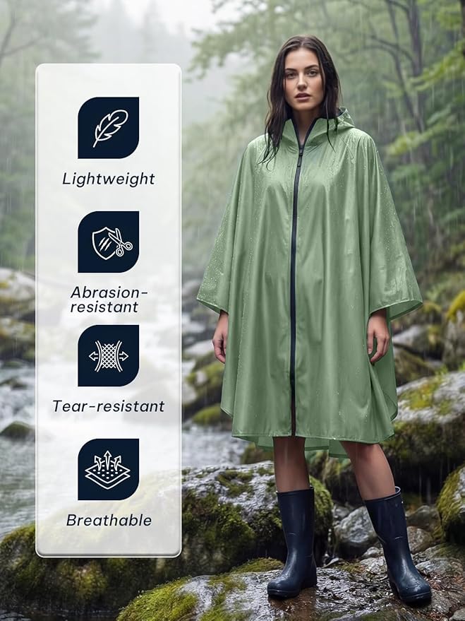 SaphiRose Lightweight Waterproof Rain Poncho for Adults with Hood Portable Rainwear for Outdoor