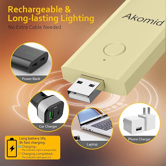 Akomid USB Rechargeable Book Light for Reading in Bed, 8 LEDs Bookmark Style Clip on, Eye-Cared Amber Light Mode for Kids, Blue Light Blocking, Stepless Dimming,Khaki
