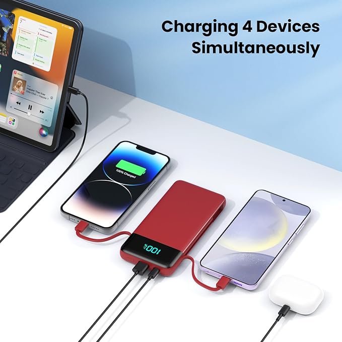 Portable Charger for iPhone with Built in Cables and Wall Plug,Upgraded 13800mAh Fast Charging USB C Power Bank,4 Outputs Travel Essential Battery Pack Compatible with iPhone 15/14/13/12,Galaxy-Red