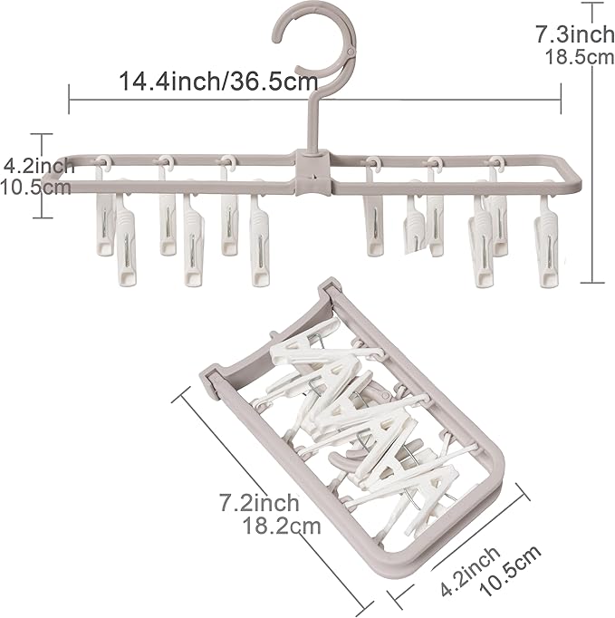 Clothes Drying Racks 2 Pack Grey Pink Small Folding Portable Underwear Hangers with 12 Clips 360° Rotatable Hook for Socks Drying Towels Bras Baby Clothes Gloves Plast 2 pcs Traceless Hook