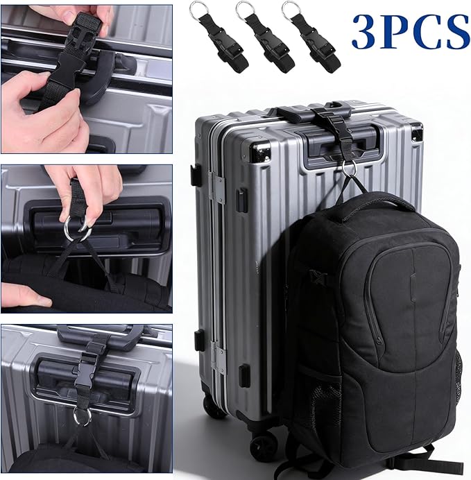 3 PCS Luggage Straps, Black Adjustable Luggage Connector Straps Heavy Duty Travel Belt with Metal Ring Hooks for Outdoor Travels Airport Connecting Luggages and Jackets