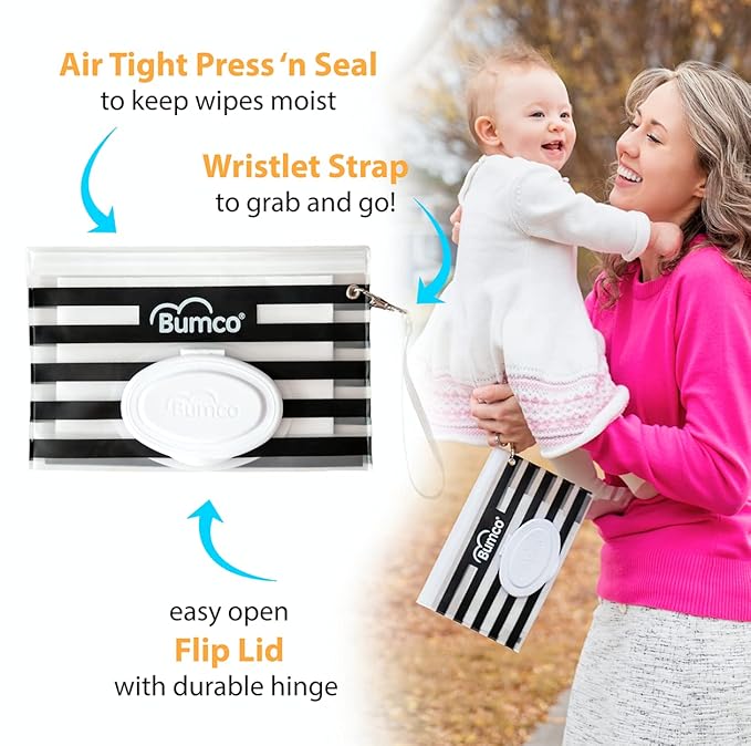 BUMCO Airtight Wipes Dispenser, Keeps Wet, Reusable Refillable Pouch, Diaper Bag Organizer for Travel, Carrying Clutch, Unique Baby Gift for Girl Boy [Blue]