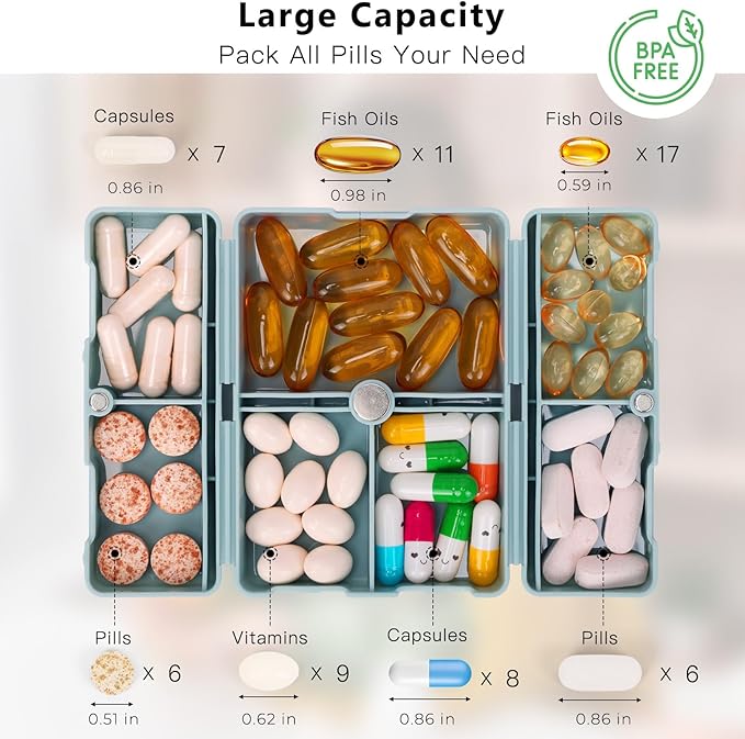 FYY Daily Pill Organizer,2 Pcs 7 Compartments Portable Pill Case Travel Pill Organizer,[Folding Design] Pill Box for Purse Pocket to Hold Vitamins,Cod Liver Oil,Supplements and Medication-Blue