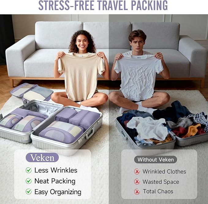 Veken 8 Set Packing Cubes for Travel Essentials,Anti-Wrinkle Buckled Suitcase Organizer for Shoe & Toiletry Bag,Carry On Luggage Bag for Airplane & College Dorm Room Accessories,Women Men Gifts