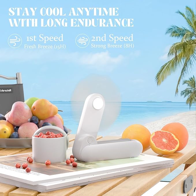 Portable Handheld Fan, 2 IN 1 Mini Hand Fan, Battery Operated [8-15 Working Hours], USB Rechargeable Personal Foldable Fan for Indoor, Small Pocket Fans Travel Essentials for Outdoor (White)