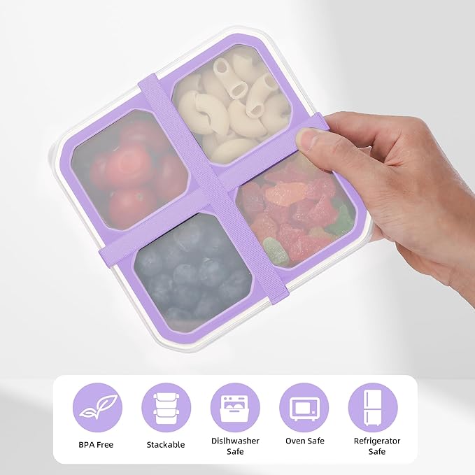 BEFOY 4 Pack Stainless Steel Snack Containers with Lids 4 Compartment Food Storage Containers for Adults & Kids Meal Prep Containers Reusablele (Purple, 4)