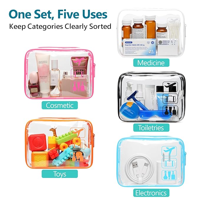 F-color TSA Approved Toiletry Bag 5 Pack Medium - Clear Makeup Bag Travel Quart Size for Women Men, Clear Cosmetic Bag Airport Airline Compliant Carry on Bag, 7.5×5.5×2.2", 5 Colors