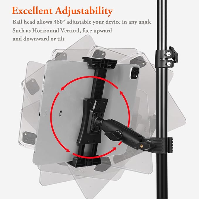 Ipad Holder for Mic Stand, Tablet Phone Holder Micophone Music Stand Mount Adjustable Rotatabe with Super Handle Clamp for iPad Pro 12.9 Air Mini, Android, 4 to 13.5inch iPhones and Tablets