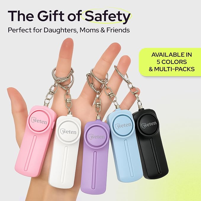 Weten Personal Safety Alarm Keychain - 130dB Siren, LED Light, Panic Pin – Compact Self-Defense Device and Emergency Whistle Alternative for Women, College, Travel, and Night Walk Protection (Pink)