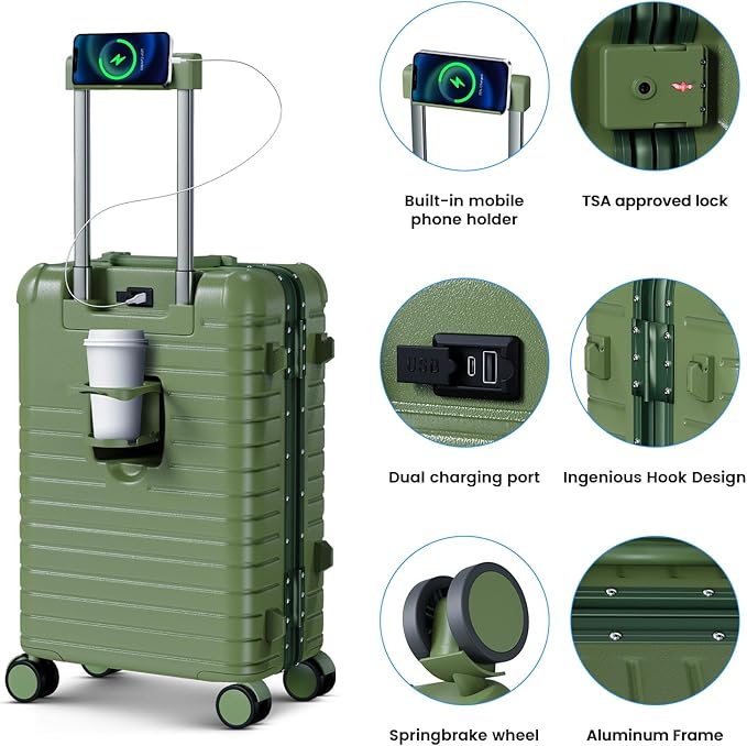 24 Inch Checked Luggage with Cup Holder, Aluminum Frame PC Hard Shell Suitcase, 360° Spinner Wheels, TSA Lock for Short Trips and Business Travel