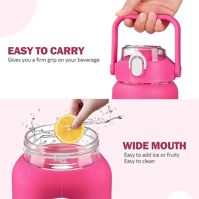 42oz Glass Water Bottles with Straw, Motivational Glass Bottle with Silicone Sleeve and Time Marker, Leakproof Large Glass Water Jug for Gym Home Office,Rose red
