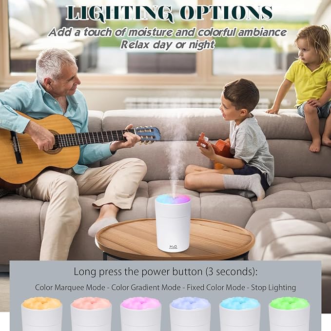 Portable Mist Humidifier Auto Shut-Off USB Powered 220ml Small Desktop Humidifiers with Colorful Light 2 Cool Spray Modes for Bedroom Office Car White