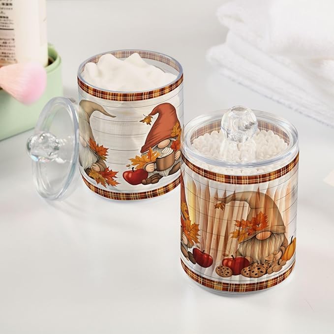 Gredecor 2 Pack Apothecary Jars with Lid Fall Gnome Maple Pumpkins Qtip Holder Dispenser Storage Containers Clear Plastic Cute Fall Autumn Thanksgiving Theme Canisters for Bathroom Vanity Organization