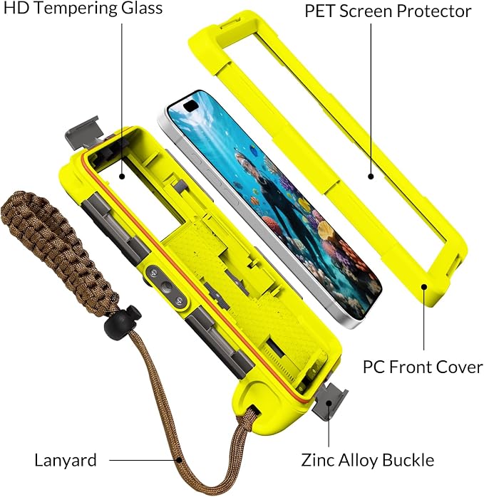 2026 Underwater Snorkeling Diving Phone Case for Phone 17/16/15/14/13/12Pro Max/Galaxy S26/S25/S24/S23.(50ft/15m) Professional Scuba Dive Waterproof Case Underwater Photo Video（Yellow）