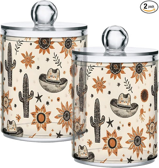 2 Pack Qtip Holder Organizer Dispenser Western Cowboy Hats Suns Cactus Bathroom Storage Canister Cotton Ball Holder Container for Cotton Pads/Swabs/Floss