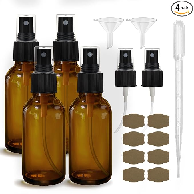 GIVAMEIHF Amber Glass Spray Bottles 4oz,Small Empty Glass Spray Bottle Fine Mist Spray Refillable Containers,Mini Travel Spray Bottles set of 4,Included 6 Sprinkler,2 Funnels,1 Droppers,8 Labels