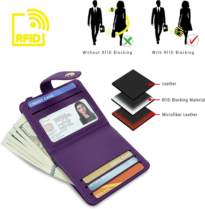 Airkit Small Wallets Woman RFID Blocking Leather Credit Card Holder - with ID Window - Card Wallets for Women - with Zipper Coin Purse - Keychain Wallet