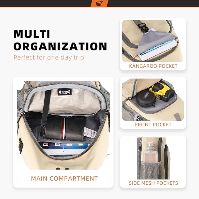 SKYSPER Sling Bag RFID Crossbody Sling Backpack Cross Body Shoulder Bag Travel Hiking Daypack for Women Men(Beige)