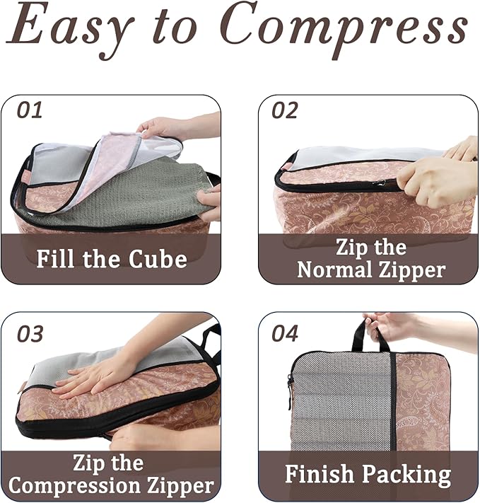U+U 10 Set Compression Packing Cubes - Ultralight Travel Organizers with Laundry Bag, Space-Saving Suitcase Organizer, Expandable Packing Cubes for Travel and Family Vacation (Paisley Pattern)