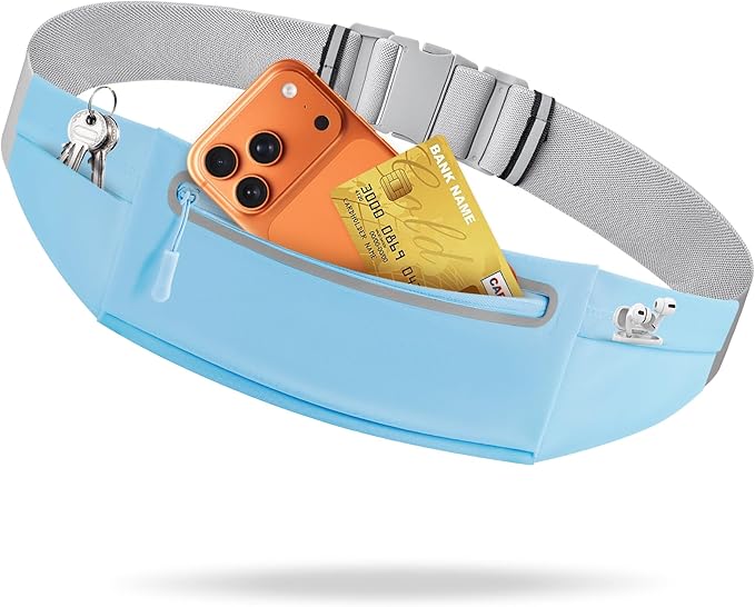 Slim Running Belt for Men Women - No-Bounce Phone Holder Waist Pack, Runners Fanny Pack with Sweat-Proof Pocket ，Travel Money Pouch for Gym/Hiking/Cycling (Light Blue)