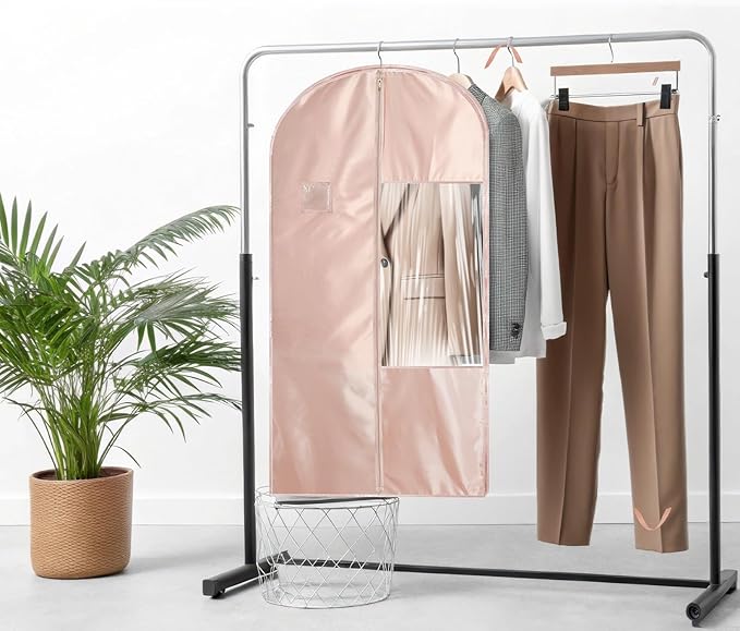 Garment Bags for Hanging Clothes and Travel with 4" Gusseted, Suit Cover for Clothes,Coats,Suit,Jackets,Dress,Shirts,Skirt. (Pink-48"-1pcs-Satin Fabric)
