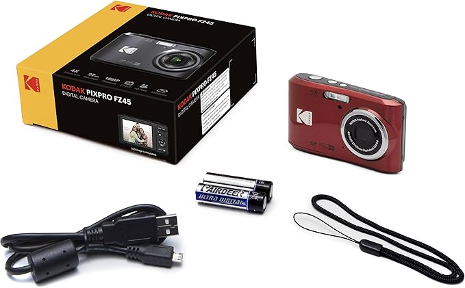 Kodak PIXPRO FZ45 16MP Digital Camera 4X Optical Zoom 27mm Wide Angle 1080P Full HD Video 2.7" LCD Camera (Red) + 64GB Card and Reader + Case + Memory Wallet + Tripod + Cleaning Bundle