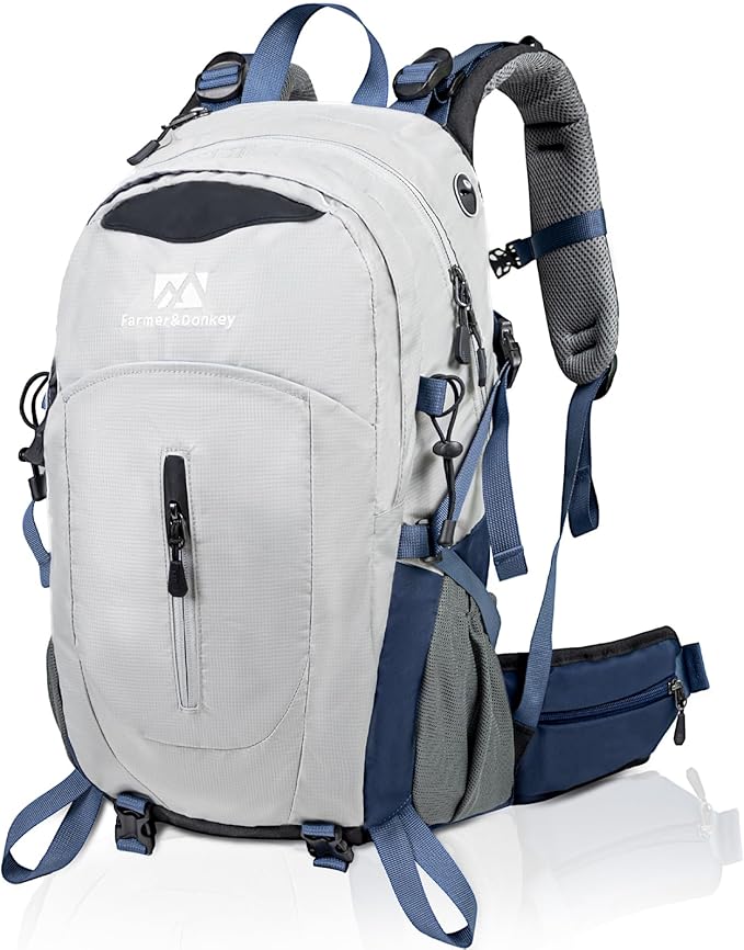 Farmer&Donkey Hiking Backpack, 40L Waterproof Camping Backpack with Packable Back Panel & Rain Cover, Men Women Rucking Backpacking Backpack Outdoor Sport Lightweight Travel Daypack for (Grey)