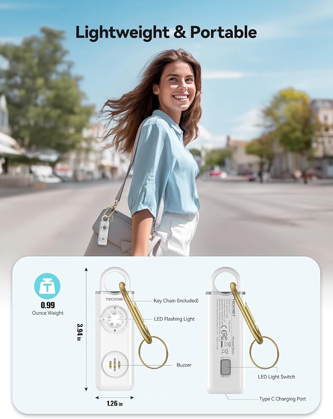 TECKNET Rechargeable Personal Safety Alarm for Women, 130dB Self Defense Keychain Alarm with SOS Strobe Light, Low Battery Notice, Loud Siren Safety Keychain for Girls Kids Elderly - White