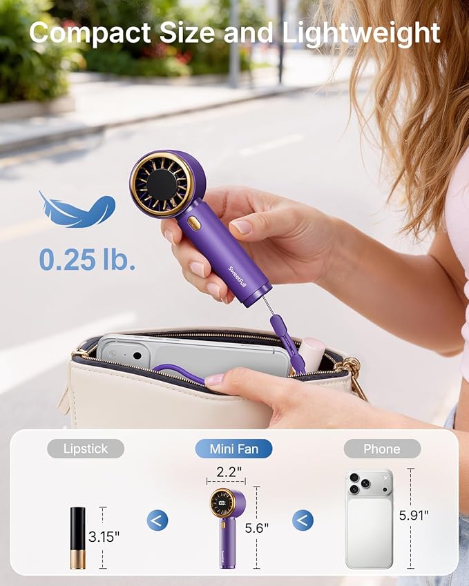 SWEETFULL Mini Fan Portable - Cute Handheld Turbo Fan with Rechargeable Battery, 5 Speeds, Small Hand Personal Travel Essentials for Women, Girls, Kids, Lash, Makeup - Royal Purple