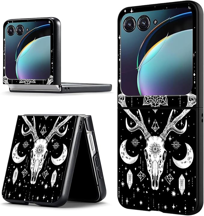 for Motorola Moto Razr 2024 Case,Moto Razr 50 Phone Case Cute Slim Hard PC Ultra-Thin Anti-Scratches Shockproof Protective Cover,Black Deer Skull