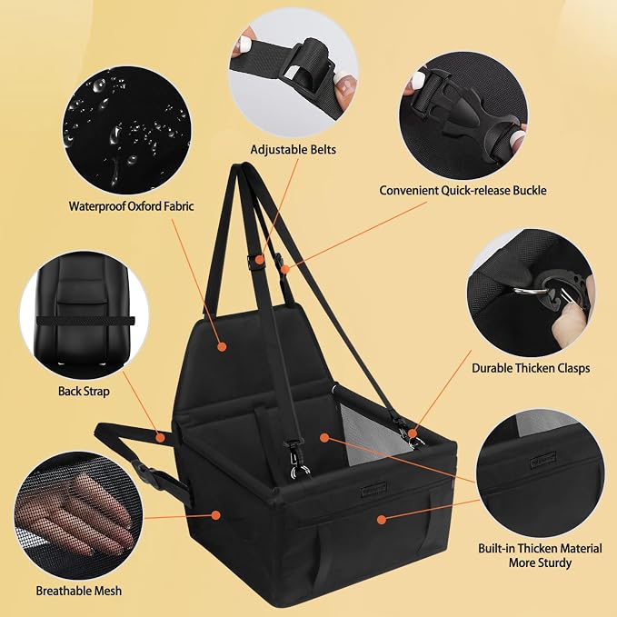 Dog Car Seat Foldable Dog Car Booster Seat Waterproof Breathable Oxford Travel Bag for Small to Medium Dogs, Puppies, and Pets-Pure Black