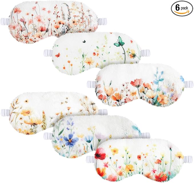 Cuffbow 6 Pack Plush Sleep Mask Set, Cute Plush Eye Masks for Sleeping, Soft Comfortable Travel Nap Blindfold, Sleepover Party Favors for Women(Flowers,Colorful)