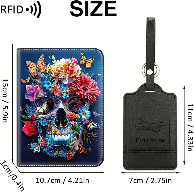 Passport Wallet, Passport Holder with RFID Blocking and Luggage Tag, Waterproof PU Leather Travel Documents Organizer Case, Passport Covers with Card Slot for Women & Men, Flower Butterfly Skull