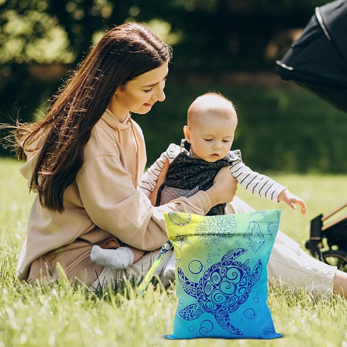 Wet Dry Bag for Swimsuit and Towels for Swimsuit Travel Beach Pool Diapers Dirty Yoga Gym Clothes Hook to Stroller Makeup Bag Waterproof Turtle Ocean Element Decor