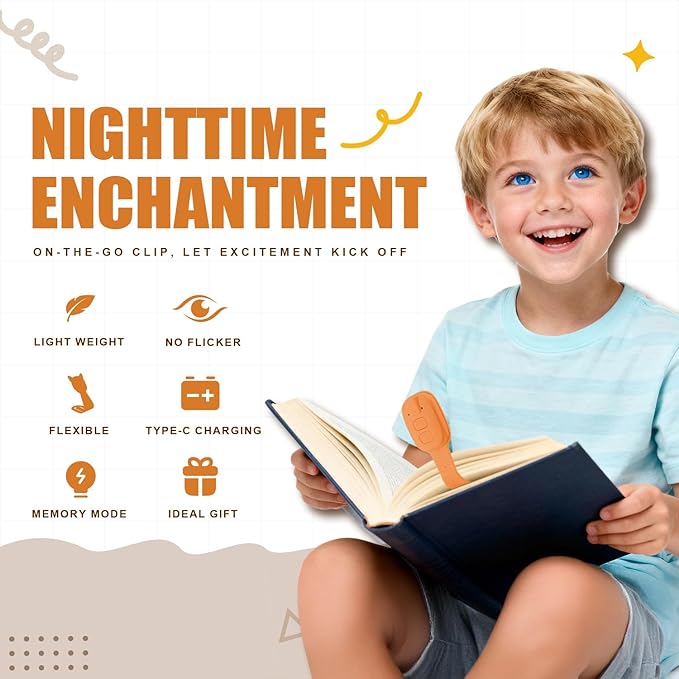 Rechargeable Kids Book Light, Cute Bookmark Reading Light for Kids, Dimmable Portable LED Book Light for Reading in Bed, Eye-Caring Bedtime Reading Lamp for Children & Travel, Orange