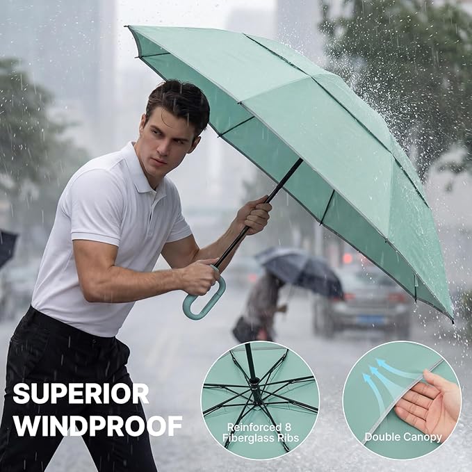 G4Free 46inch Ring Buckle Umbrella, Inverted Design with Carabiner Handle, Compact Travel Umbrella with Reflective Strip, Automatic Windproof for Rain