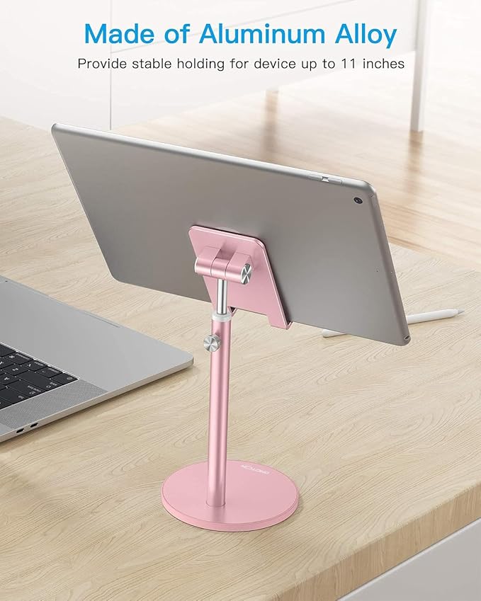 OMOTON Cell Phone Stand, Angle Height Adjustable Phone Stand, Aluminum Desktop Phone Holder Dock Stand for Desk, Compatible with iPhone 13/Mini/Pro/Max, All Smartphones and Tablets(4-11''), Rose Gold